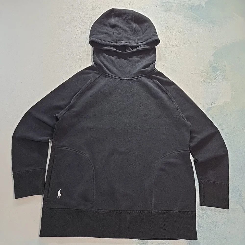 Polo Ralph Lauren Hoodie Men Small Black Funnel Neck Raglan Pullover Sweatshirt
